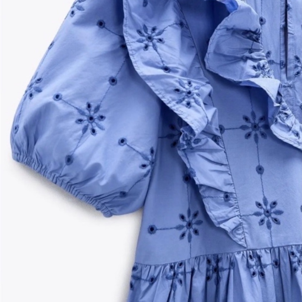 Zara Light Blue Embroidered Ruffle midi Dress M - Picture 7 of 14
